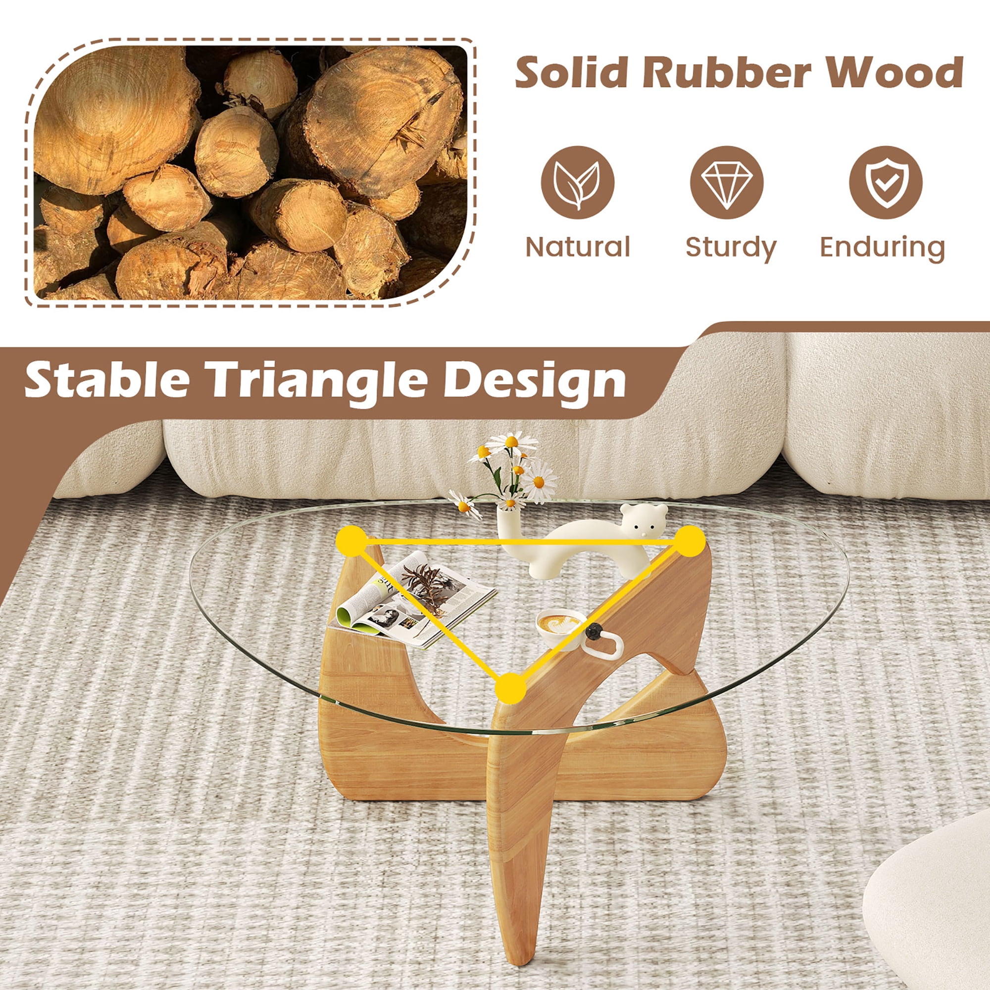 Gymax Triangle Coffee Table w/ Tempered Glass Top & Adjustable Rubber Wood Base