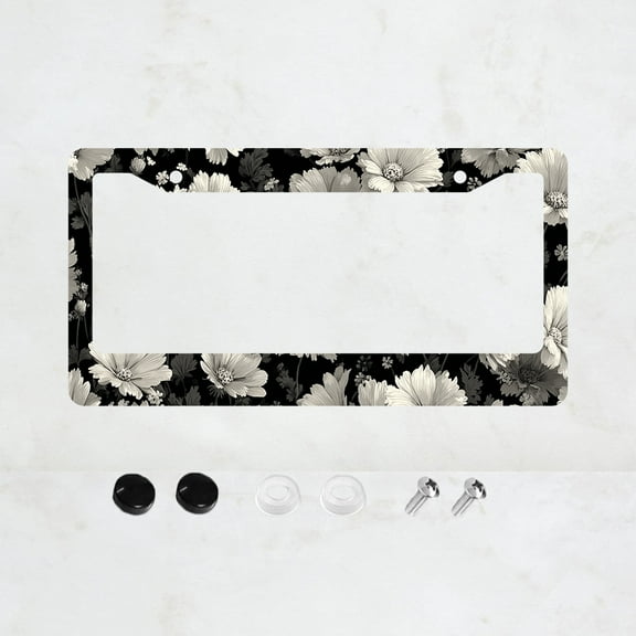 1pc Black and White Floral Pattern 2 Hole License Plate Frame, Aluminum Material, 6x12 Inches, with Screw Kit, Retro Novelty Car Decoration Gift, Standard US License Plate Size