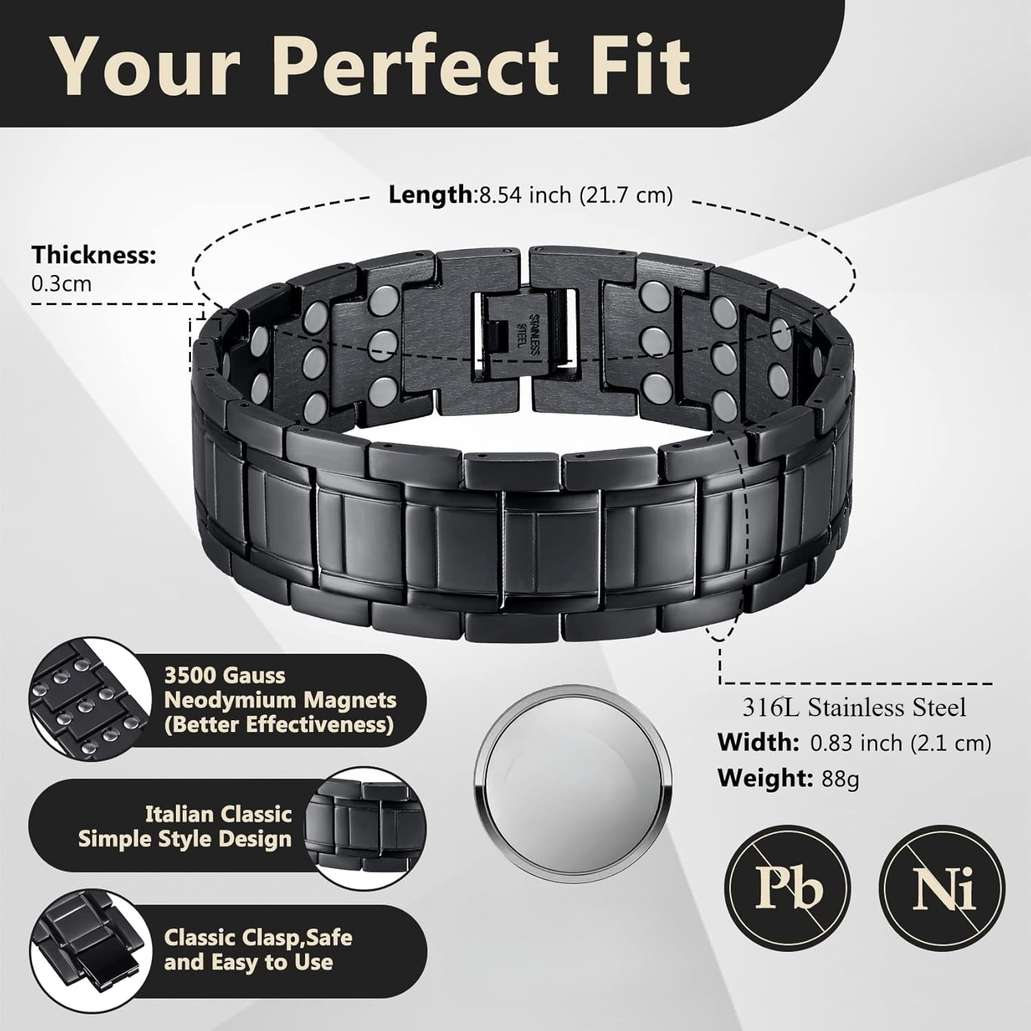 Magnetic Bracelets for Men, Stainless Steel Bracelets with 3X Magnets，8.6inches（22cm）