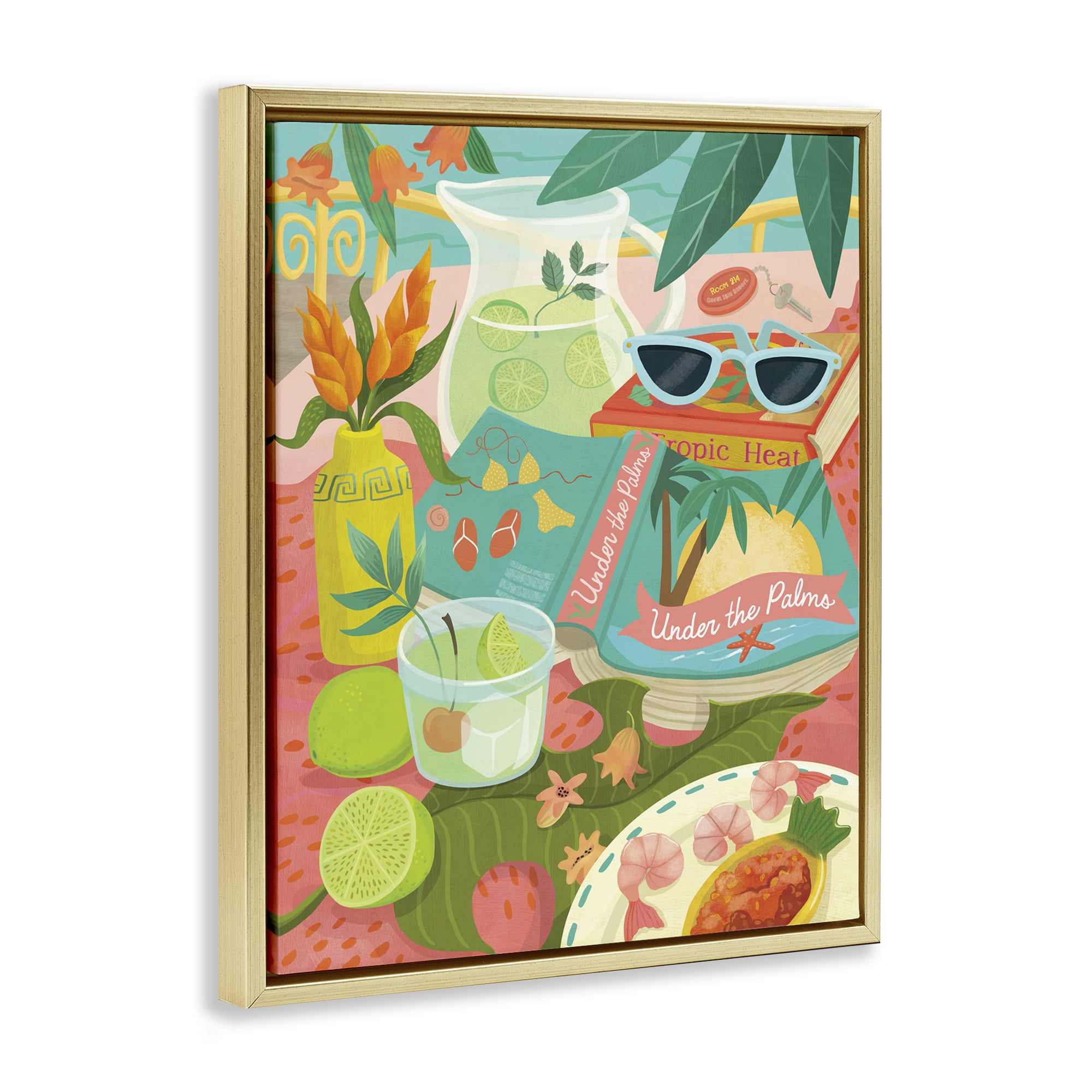 Stupell Industries Tropical Drinks on Beach Food & Beverage Painting Gold Floater Framed Canvas Art Print Wall Art, 25 x 31