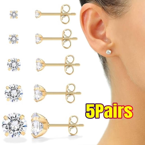 5 Pairs Stud Earrings for Women, 14K Gold Plated Stainless Steel Cubic Zirconia Earrings for Men and Women - Hypoallergenic Waterproof Studs Set