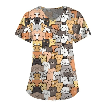 

ELFINDEA Animals Printed Pocket Scrubs Blouses for Women V Neck Short Sleeve Womens Tops