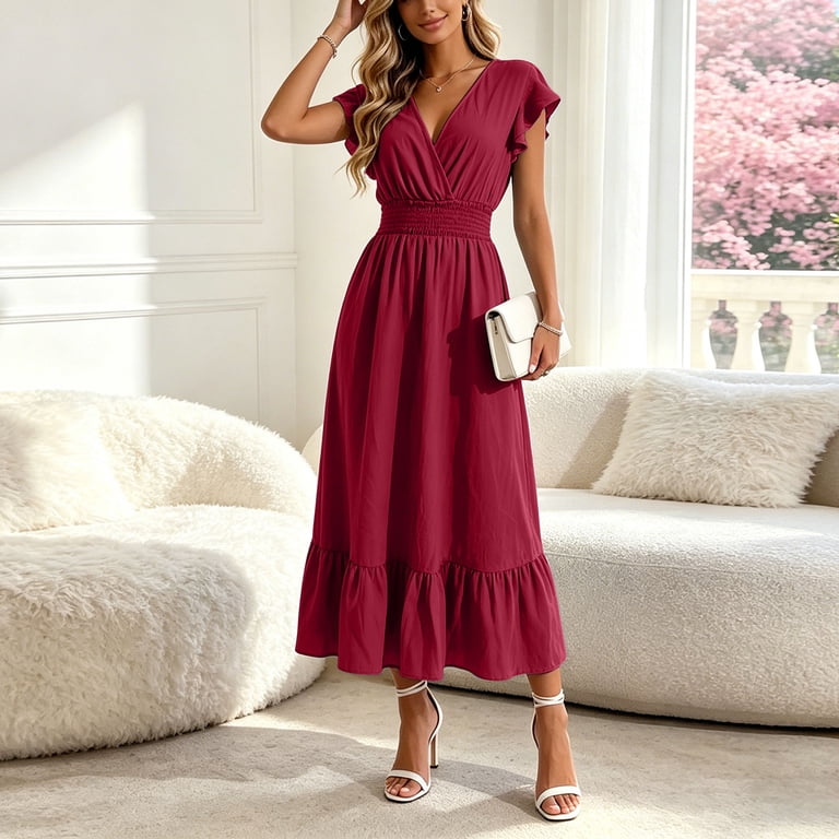 red flowy wrap dress vigerkar Women's Summer Maxi Short Ruffle Sleeve V Neck High Waist Pleated Hem Long Sundress (Red, 3XL) Solihull