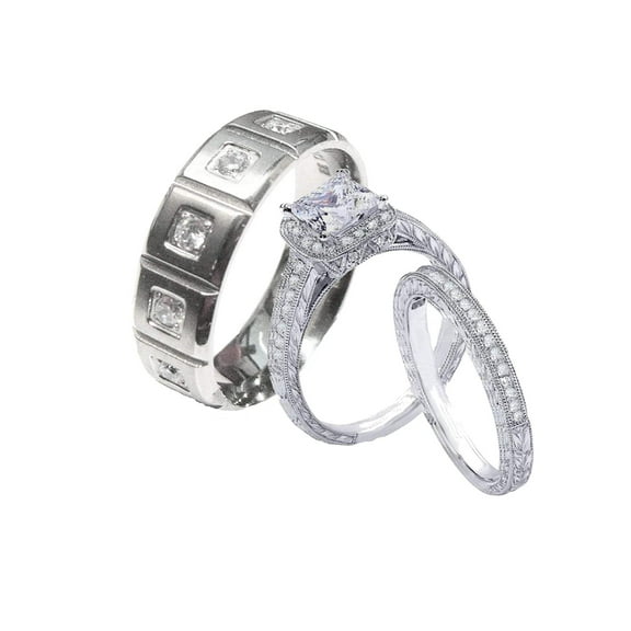 Edwin Earls Ladies 2.50ct Vintage Style CZ Wedding Ring Set Sterling Silver Men's Titanium Wedding Band