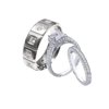 Edwin Earls Ladies 2.50ct Vintage Style CZ Wedding Ring Set Sterling Silver Men's Titanium Wedding Band