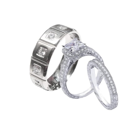 Edwin Earls Ladies 2.50ct Vintage Style CZ Wedding Ring Set Sterling Silver Men's Titanium Wedding Band