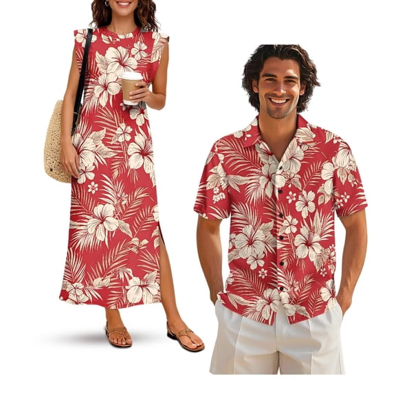 Yuyamidu His and Hers Matching Outfits Mens Floral Button Down Shirt Womens Hawaiian Dresses Round Neck Split Long Maxi Dress Button Up Shirt Matching Tropical Outfits for Couples Men's S