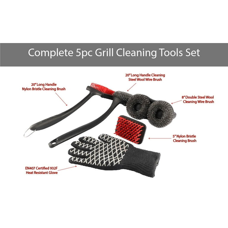 PitMaster King 5pc Grill Cleaning Tools with Scrapers, Nylon Bristles and  Wire Brushes for Complete Cleaning