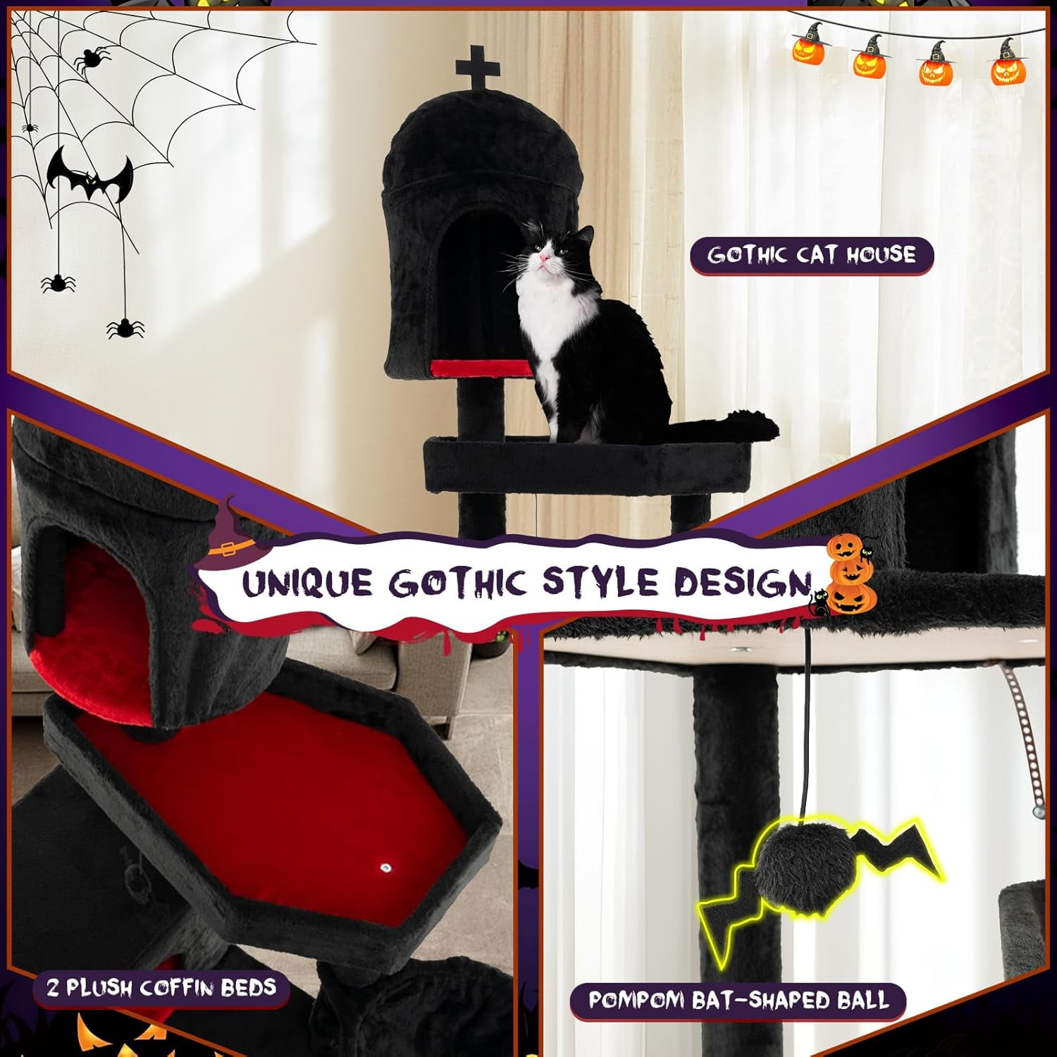 YounGG Gothic Cat Tree, 83 Inch Tall Cat Tower with Sisal Covered Scratching Posts, 2 Coffin Beds, 2 Cat Condos, Hammock, Basket Bed, Halloween Pet Furniture, Black Goth Cat Tree for Indoor Cats