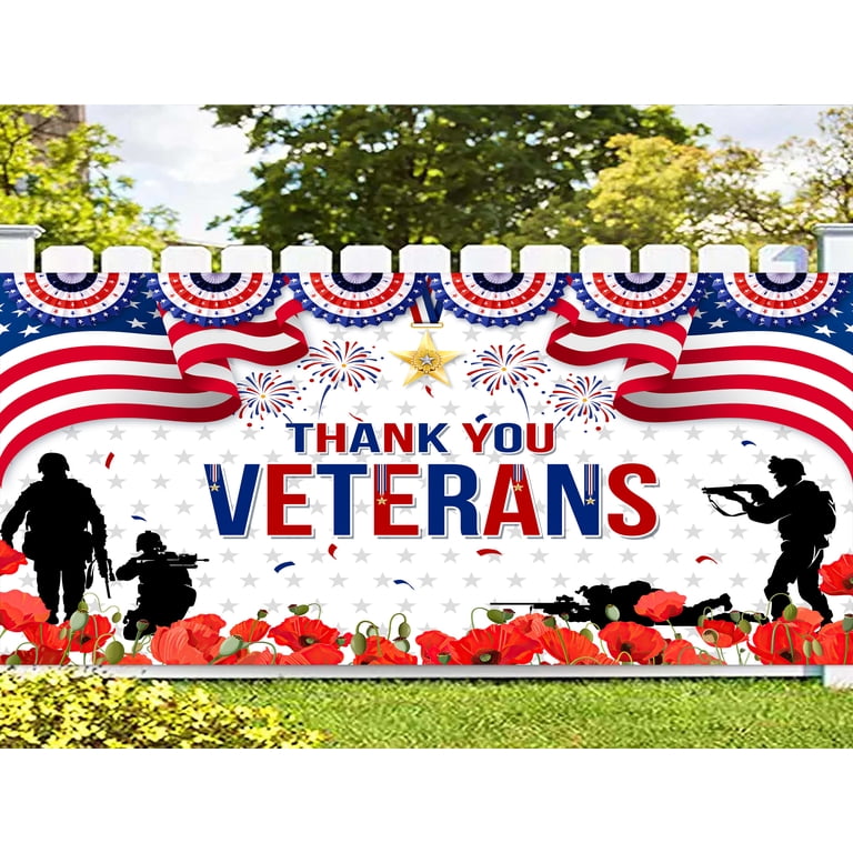 Happy Veterans Day Banner - 9.84x1.64 Ft Patriotic Yard Sign, Thank You For Your Service Decor