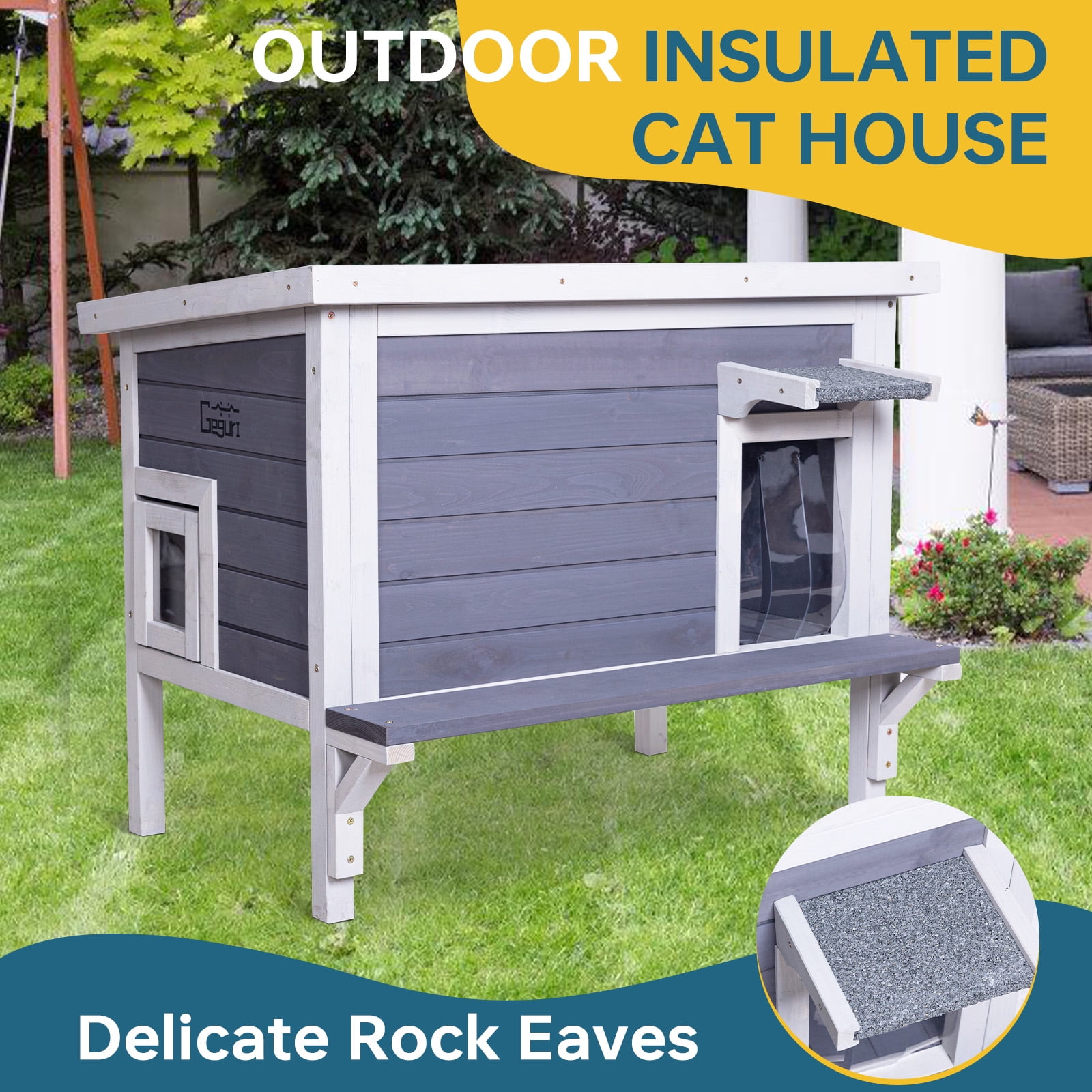 Insulated Cat House Outdoor Weatherproof, Feral Cat Shelter for Winter, Large Wooden Enclosure