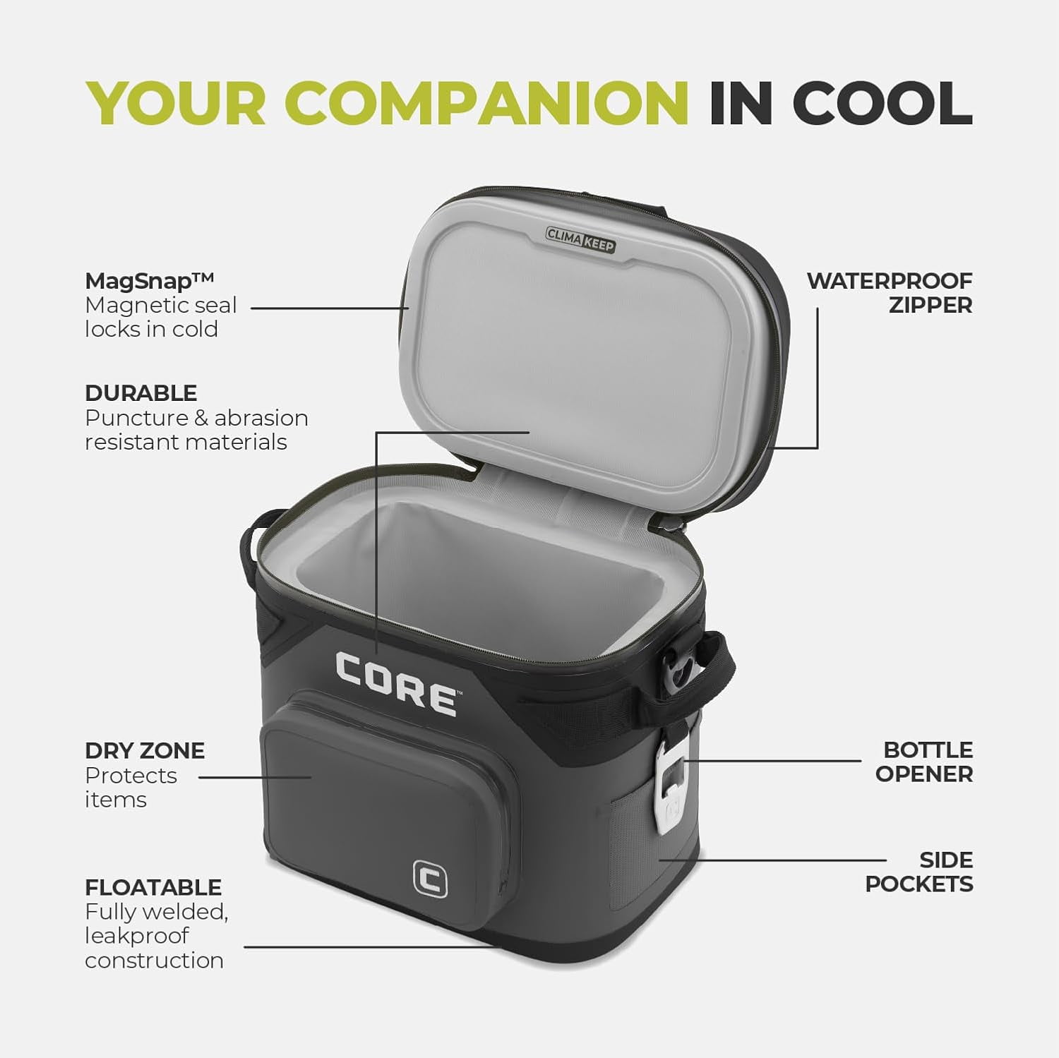 CORE 12 Can Climakeep Magnetic Soft Cooler, Leakproof Cooler, Waterproof Zipper, Charcoal