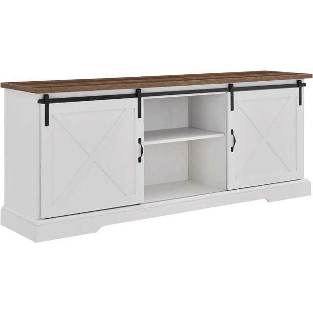Modern Farmhouse Sliding X Barn Door TV Stand for TVs up to 80 Inches, 70 Inch, Reclaimed Barnwood and Brushed White My Lux Decor Round