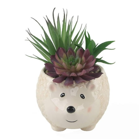 Artificial Succulent Mix in 6" Large Brown Hedgehog Ceramic Planter