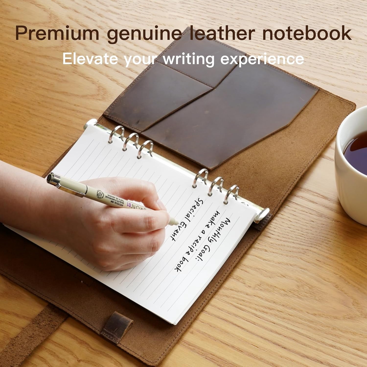 JUOJUOMHQ Reusable Genuine Leather Journal, Refillable A5 Leather Binder Notebook 6-Ring,Vintage Planner,120 Pages Lined Paper & Pocket,for Writers Business Work Study College and Daily
