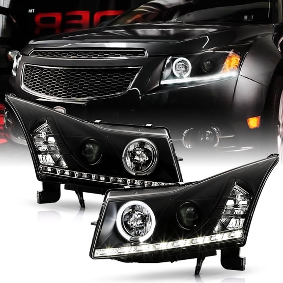 AKKON - For Chevy Cruze Black Bezel DRL Daylight LED Light Tube/ Strip Halogen Type Projector Headlights Pair