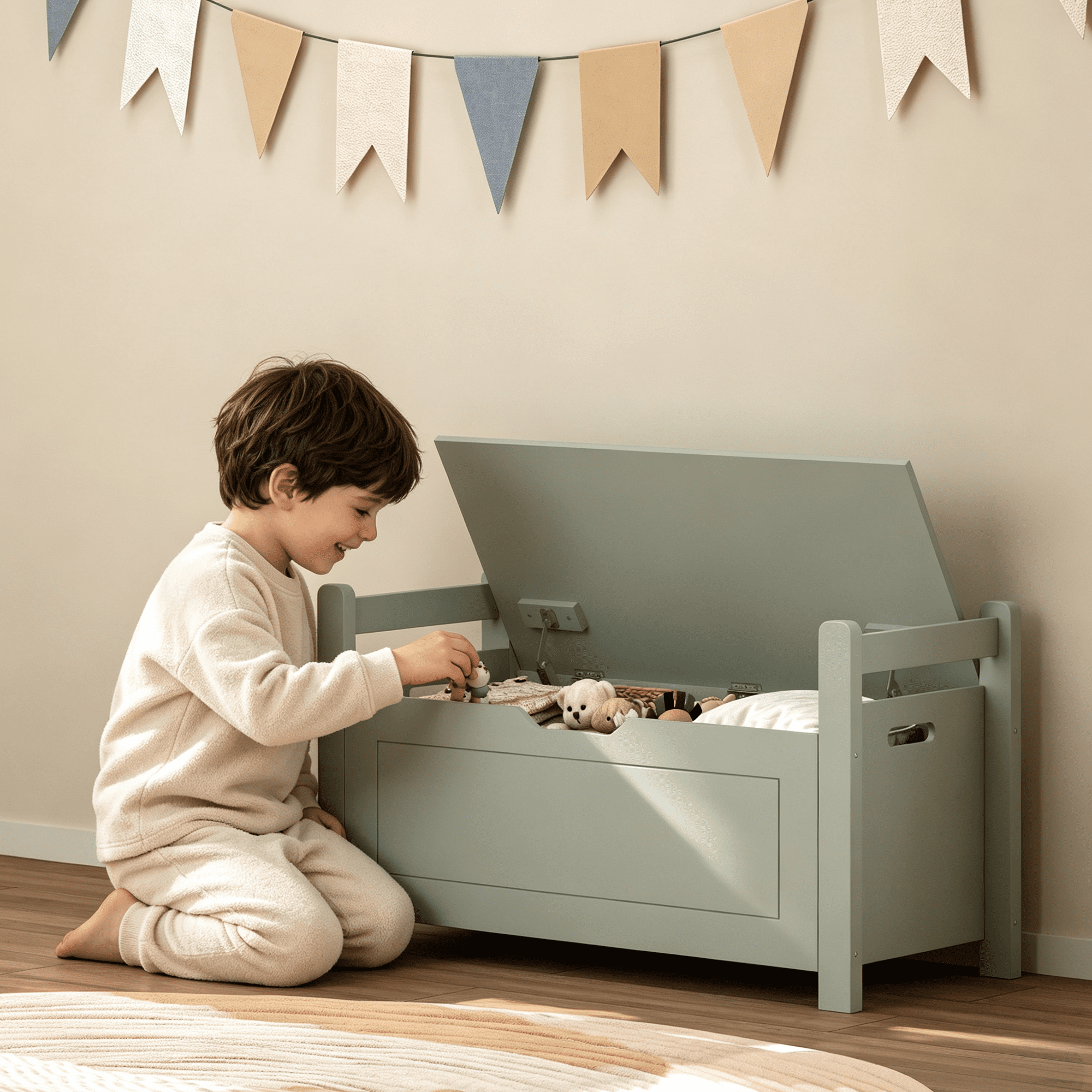 MDF Toy Box with Cushion Seat Flip-Top Safety Hinge 35 Inch Kids Storage Organizer