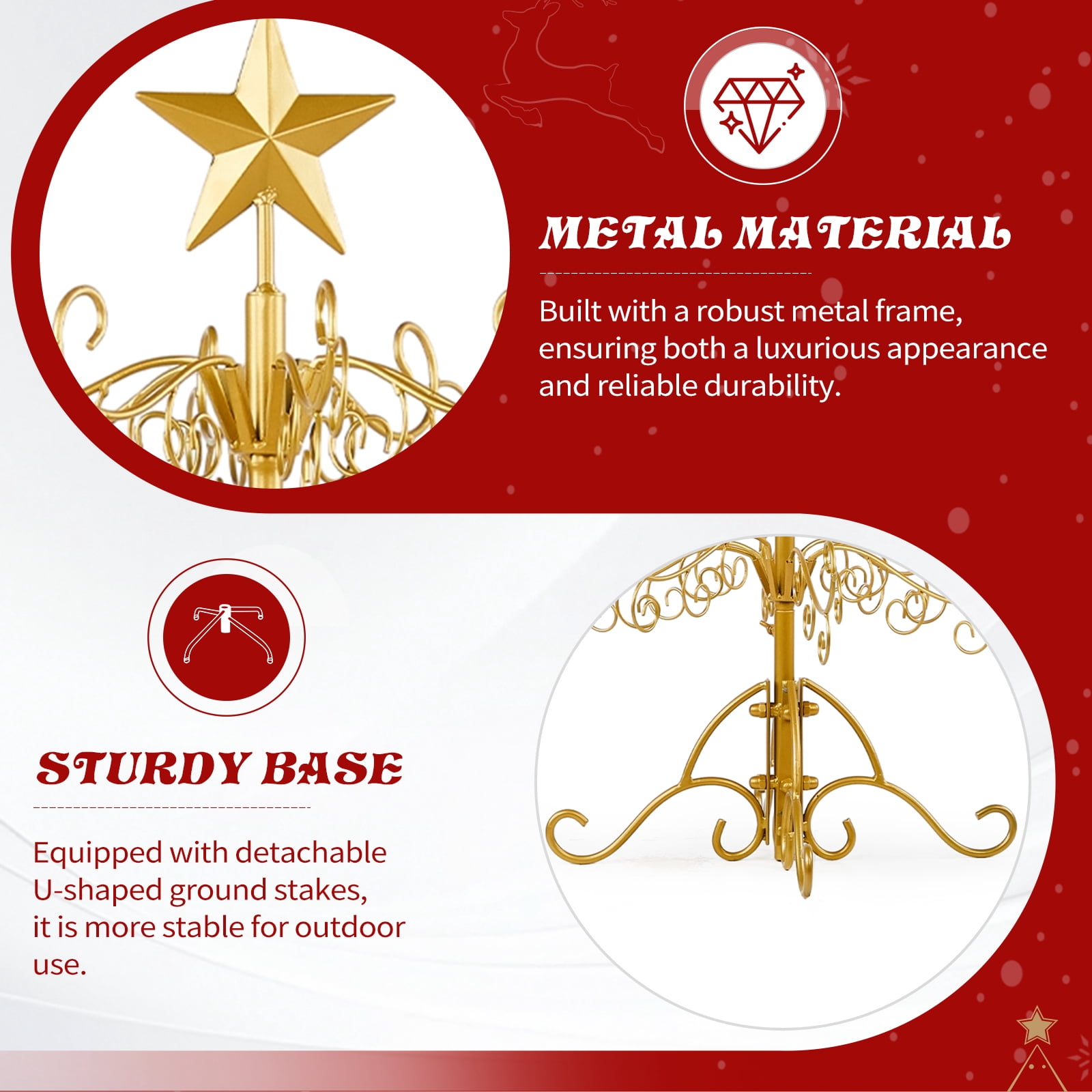 Astoutdoor 3 ft Wrought Iron Christmas Tree, Gold Metal Ornament Display Stand for Holiday Party Home Decor, Indoor and Outdoor Hanger