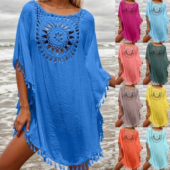 Women's Swimsuit Coverup Crochet Chiffon Tassel Cover Ups Dress Summer Swimwear Beach Lace Pullover Bathing Suit Green, One Size