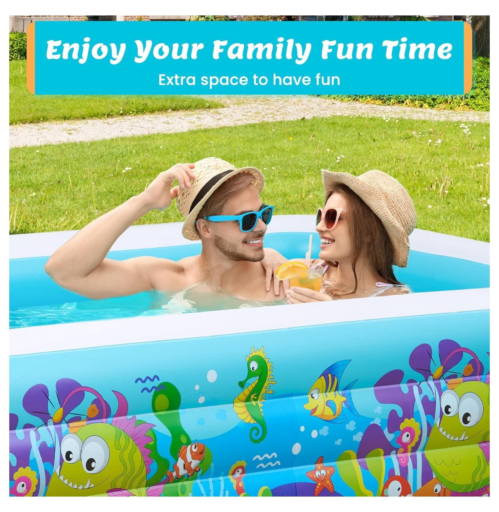 Inflatable Swimming Pool 120"x72"x22" Blow up Pool, Full-Sized Above Ground Family Pool, Summer Water Party, Backyard, Outdoor Beach Garden Lawn,Ocean Blue