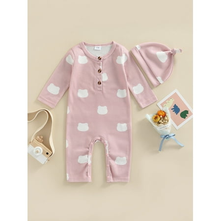 

Spring Fall Newborn Baby Girl Boy Jumpsuit Cartoon Print Long Sleeve Snaps Romper + Hat Set for Infant 0-18 Months (Pink 6-9 Months )