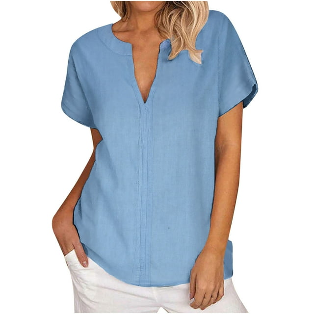 Timegard Tops for Women Cotton Linen Short Sleeve V-Neck Solid Color Casual Loose Top Blouse Basic Tee