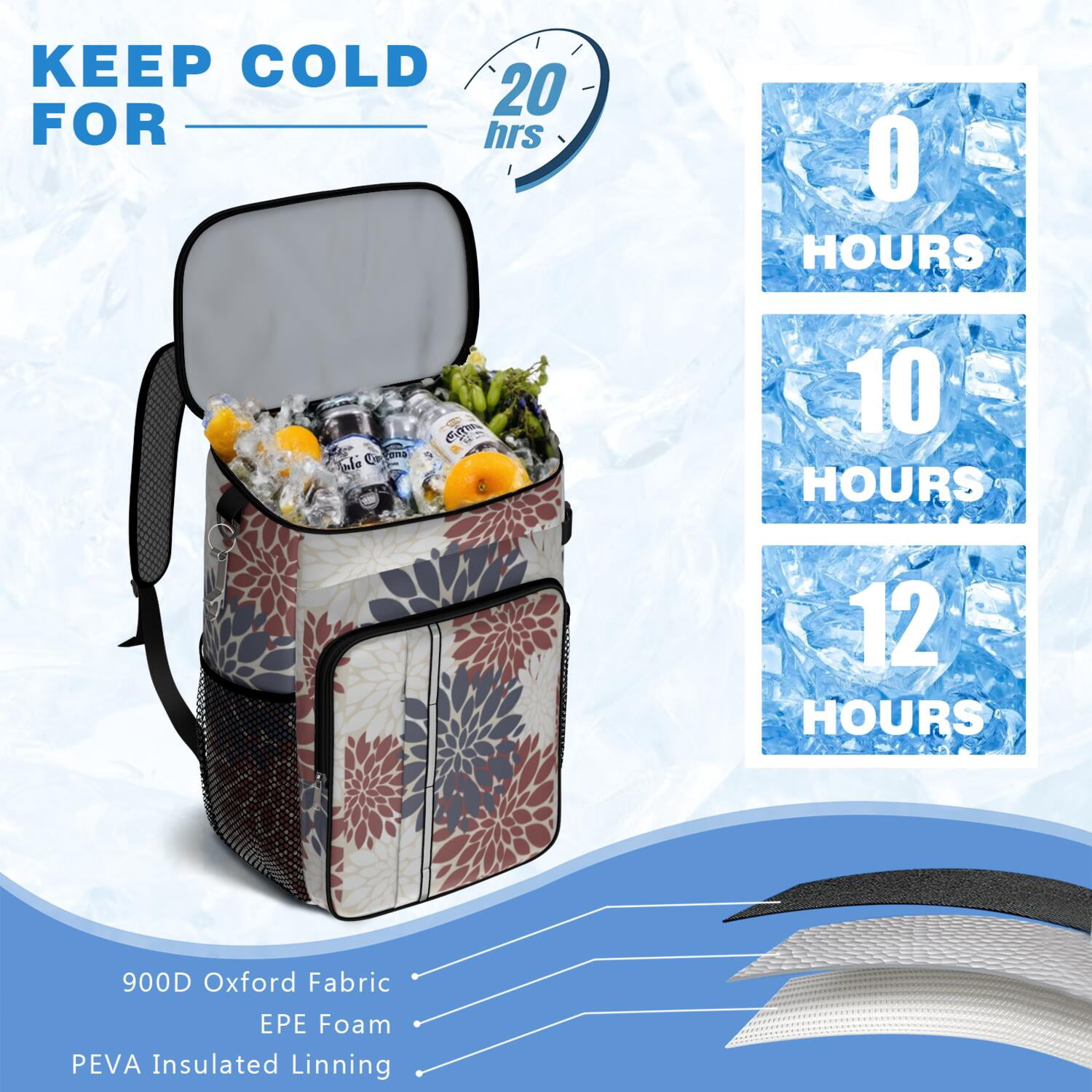 Travel Cooler Bag - Boho Bohemia Pioneer Flower Art Camping Beer Cooler Backpack with Bottle Opener- Waterproof Insulated Picnic Backpacks - Cooler Bag for Beach