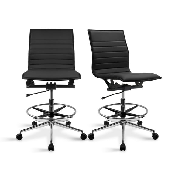 2xhome Set of 2 Modern Drafting Chair | Upholstered PU Leather Ribbed Armless Mid Back with Tall Adjustable Base & Leg Rest | Computer, Home, Executive, Conference, Meetings (Black)