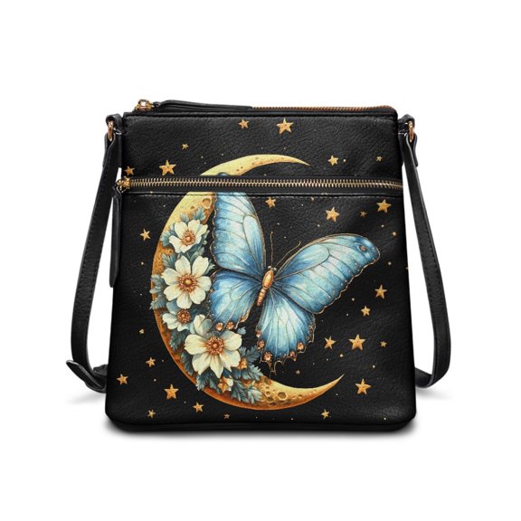HELLHERO Adjustable Shoulder Strap Crossbody Bag for Shopping Travel Work, PU Material Waterproof Adjustable Strap Purse Satchel, Butterfly Crescent Moon