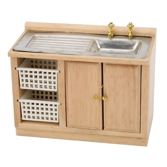 BESTSKY 1/12 Scale Dollhouse Miniature Kitchen Sink, Wooden Dish Washing Table with Baskets for Dollhouse Decor