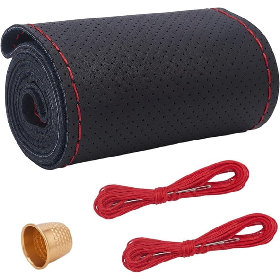 Genuine Leather DIY Steering Wheel Cover Black Breathable Cowhide Stitch on Sewing Wrap Universal Non-Slip Car Steering Wheel