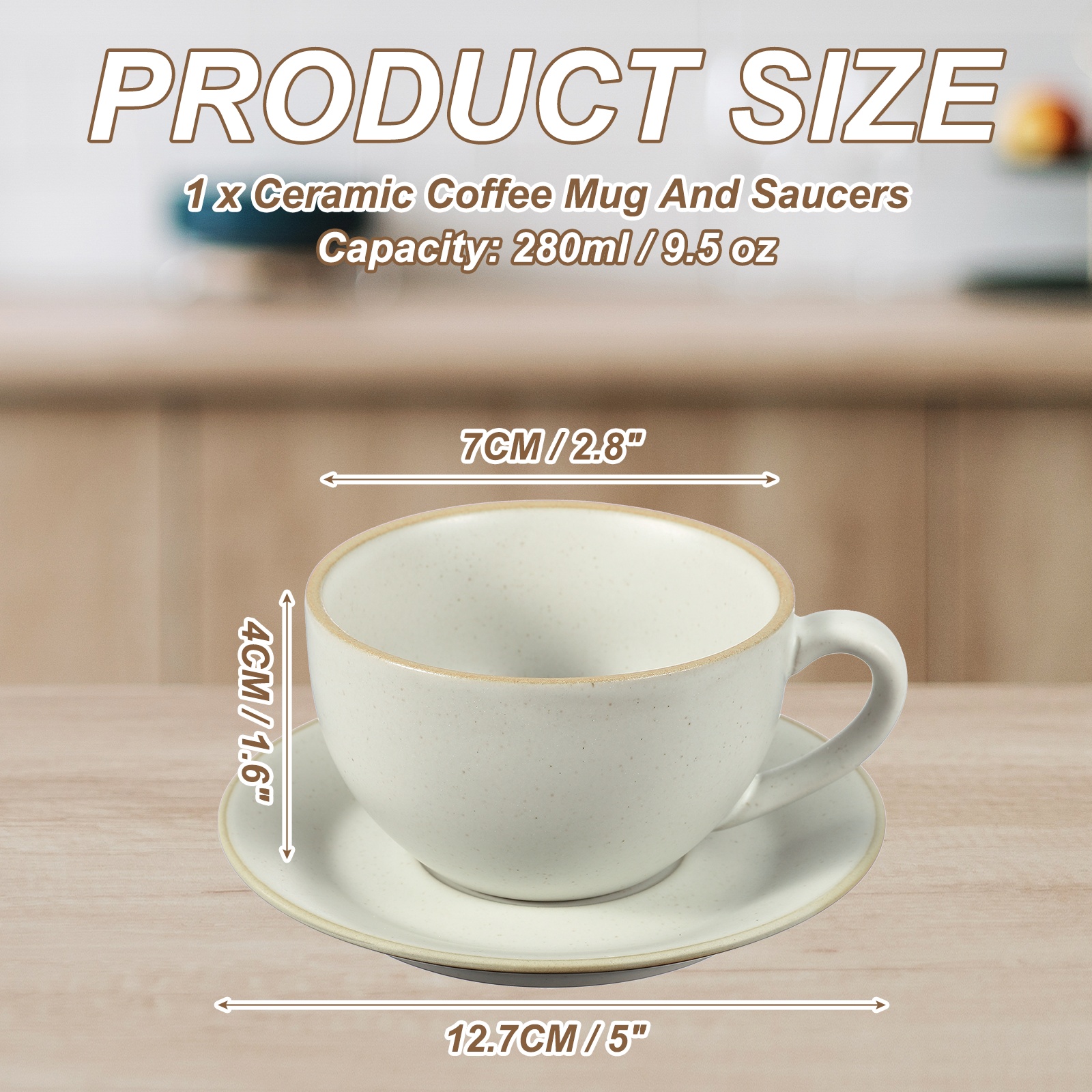 Uxcell Handmade Vintage Espresso Cups, 9.5 oz Coffee Cups and Saucers Ceramic Tea Cup with Handle Dishwasher and Microwave Safe for Latte Cappuccino Milk Office Home Gifts, Morandi White