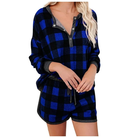 New Year On Sale! Juebong Womens Plaid Pocket Long Sleeve Pajama Set Night Lounge Top Short Sleepwear,Blue,L