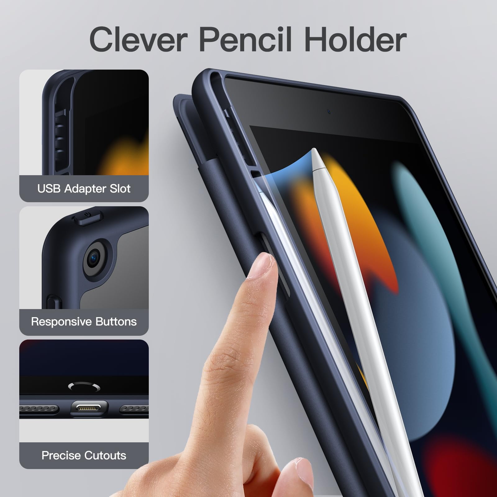 JETech Matte Case for iPad 9/8/7 (10.2-Inch, 2021/2020/2019 Model, 9th/8th/7th Generation) with Pencil Holder, Frosted Translucent Back Slim Stand Protective Tablet Cover (Navy)