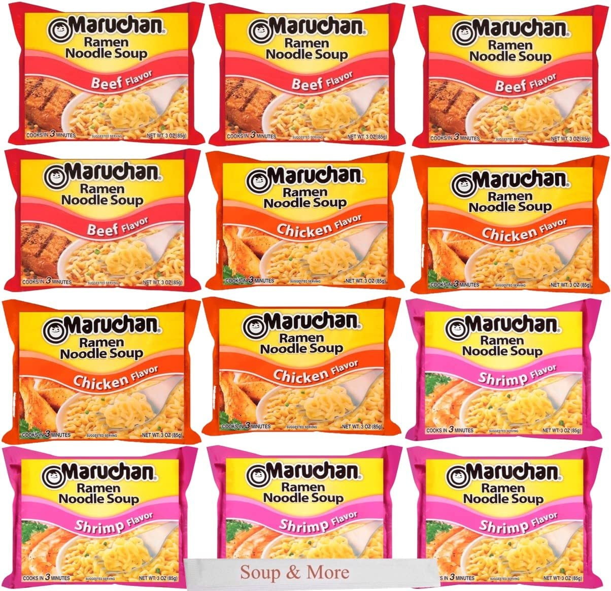 Maruchan Ramen Instant Soup Noodles 12 Count - 4 Shrimp Flavor & 4 Chicken Flavor & 4 Beef Flavor Lunch / Dinner Variety, 3 Flavors