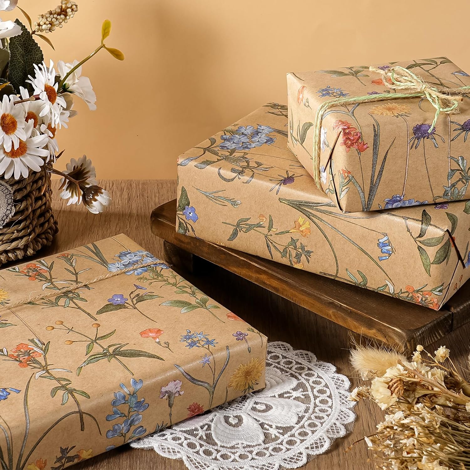 AllWays Plaza 30 Inch Kraft Floral Wrapping Paper Roll - 30 Inch x 33 Feet - Wildflower Wrapping Paper Perfect for Girls Women Birthday, Wedding, Bridal Shower