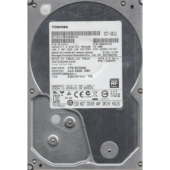 HDS723020BLE640, PN 9F14311, MLC MRSAB0, Toshiba 2TB SATA 3.5 Hard Drive