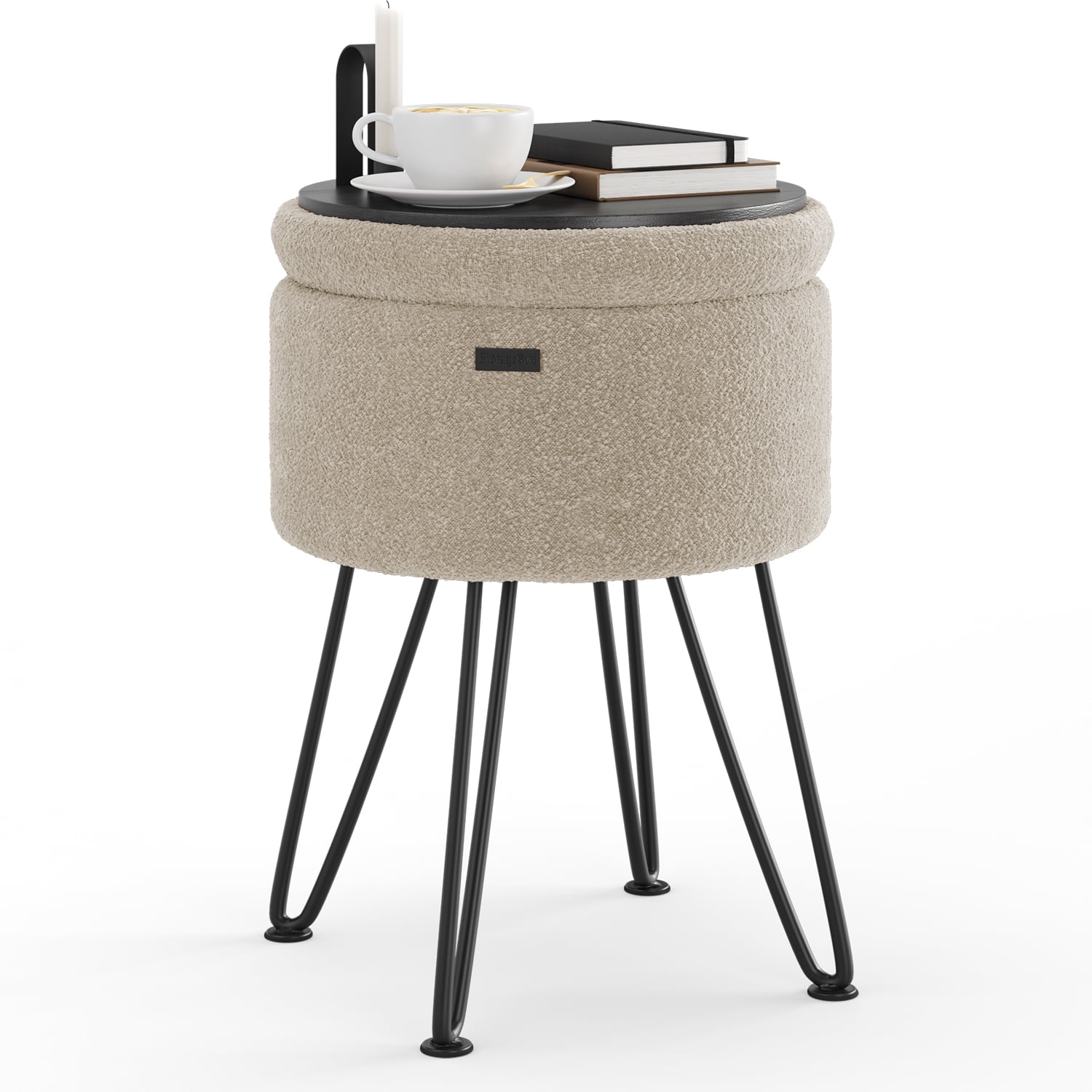 LammaLoe Small Round Ottoman with Storage, Boucle Ottoman Foot Stool with Lid, Upholstered Vanity Stool for Living Room & Bedroom, Beige