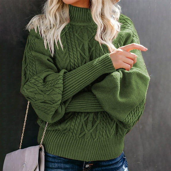 Green Sweatshirt for Women's Winter New Mid Neck Loose Long Sleeve Knitted Solid Color Sweater Women Fall Clothes