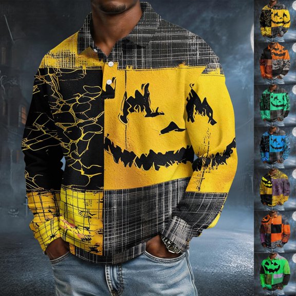 GrmtClth Men's Long Sleeve Casual Halloween Golf Tops Classic Button Collar Vintage Crack Pumpkin Motif Stretch Comfortable Daily Holiday Outfit Shirts Yellow M