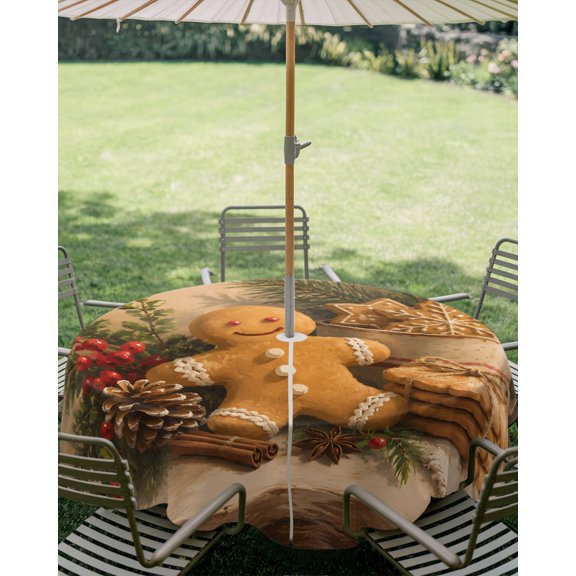 Outdoor Tablecloth with Umbrella Hole, Gingerbread Man Christmas Cookies Zippered Table Cloth for Square Tables, Xmas Tree Winter Berry Washable Waterproof Tablecloths for Picnic Patio Garden