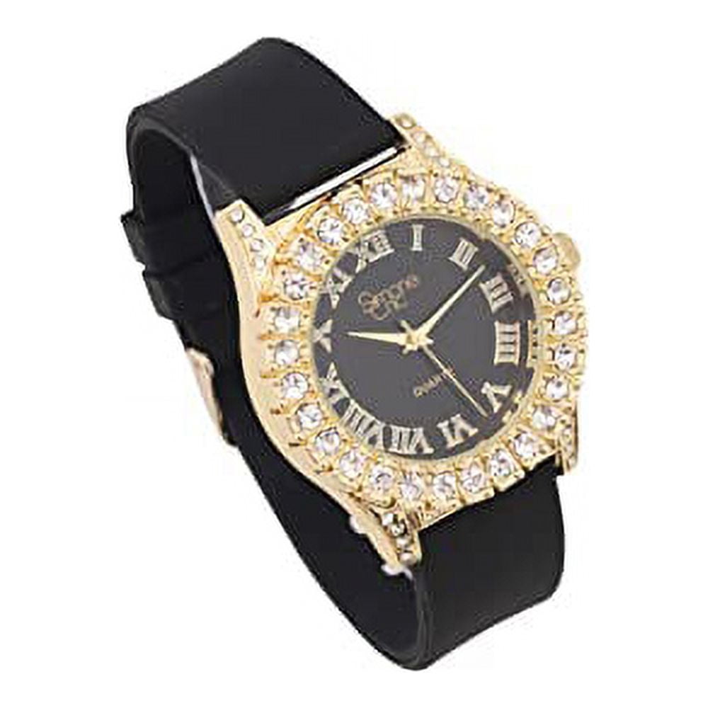 Simone Chic. Women's Big Rocks Fully Iced Bezel Colored Dial w/Easy Reader Roman Numerals Colorful Rubber Band Watch - ST10357LA (2pcSet Gld Night Blk)