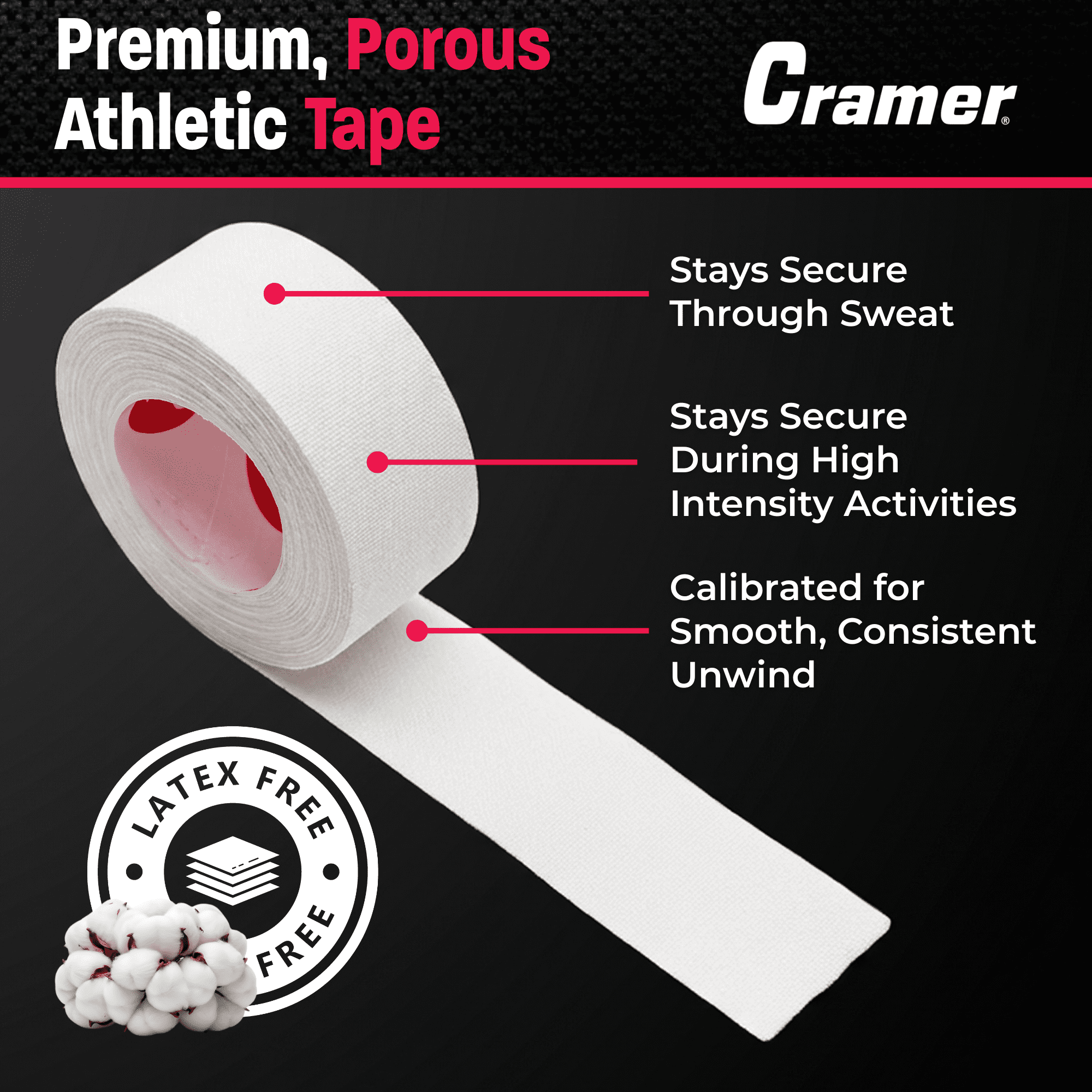 Cramer 950 Premium White Porous Athletic Tape, 1” x 15 Yards, Strong Adhesive Sports Tape, Easy Tear, Breathable Cotton, Latex-Free, Bulk Case of 48 Rolls for Ankle, Wrist & Injury Taping