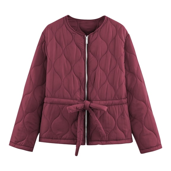 Zpanxa Womens Puffer Jacket Zip Up Tie Waist Quilted Casual Fall Winter Coat with Pockets Wine M