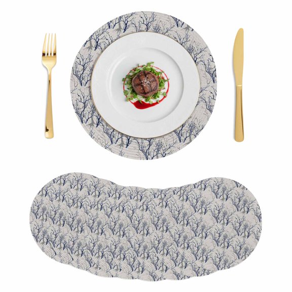 Grey Navy Blue Tree Round 13 Inch Placemats Set of 8, Country Rustic Botanical Branch HeatResistant Non Slip Place Mats for Dining Table, Wipeable Braided Kitchen Table Mats for Housewarming