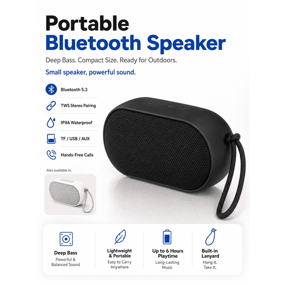 Portable IPX6 Waterproof Bluetooth Speaker, 5.3 Wireless Mini Outdoor Speaker with TWS Stereo, TF Card/AUX/USB Playback, Hands-Free Call, 1000mAh Rechargeable Small Speaker for Camping Beach Travel