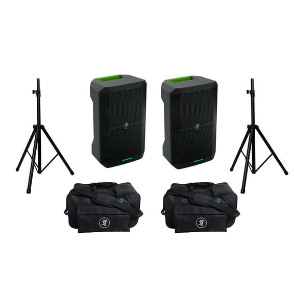 2 Mackie Thump GO 200 watt 8" 2-way Battery-powered portable loudspeaker & Thump Go Carry Bag & Speaker Stand