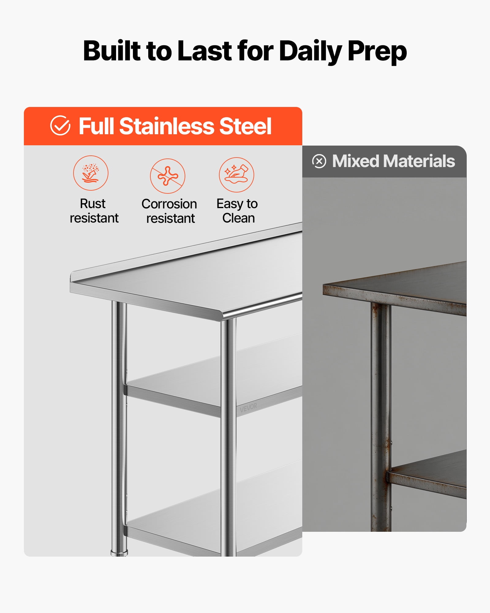 VEVOR Stainless Steel Work Table, 24x48 Inch Food Prep Table with 2 Shelves and Backsplash, Commercial Kitchen Workstation, Metal Heavy Duty Utility Worktable, for Restaurant Home Hotel Garage