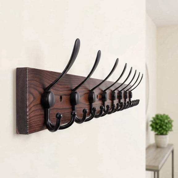 32.2'' Large Coat Rack Wall Mount Coat Hooks Coat Hanger with 8 Metal Black Triple- Hooks Brown Pine Real Wood Plank Hat Rack for Wall Hooks for Hanging Coat Hat Jacket