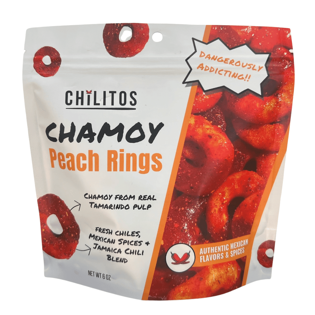 Peach Rings Chamoy Candy - Mexican Sweet Sour Spicy Gummy Chili Candy (6 oz Bag)
